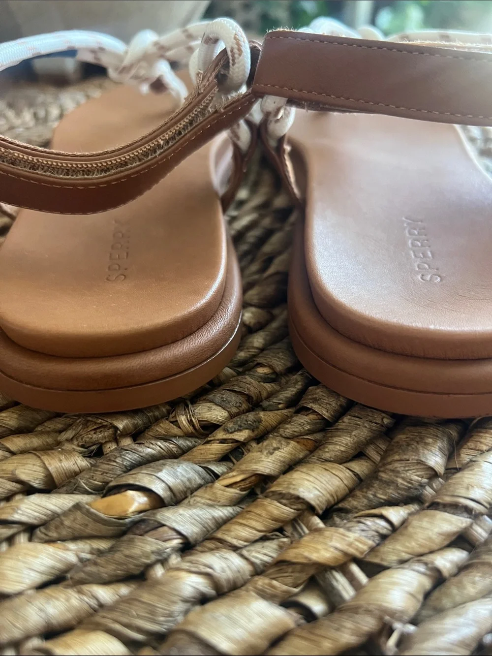 Sperry Tan Footbed Sandals with White Rope T-Strap